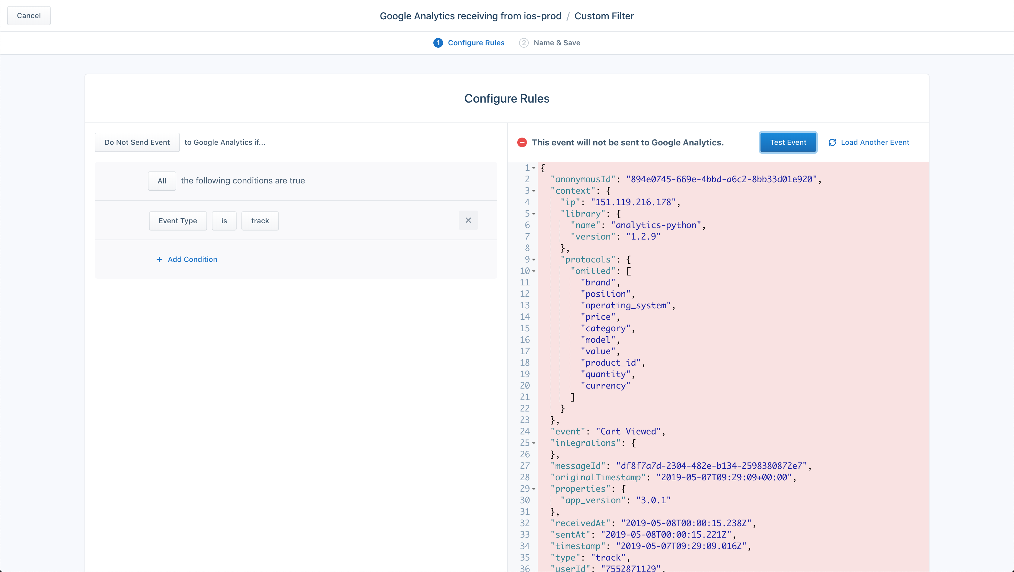 Example of a filter that only sends track calls to Google Analytics