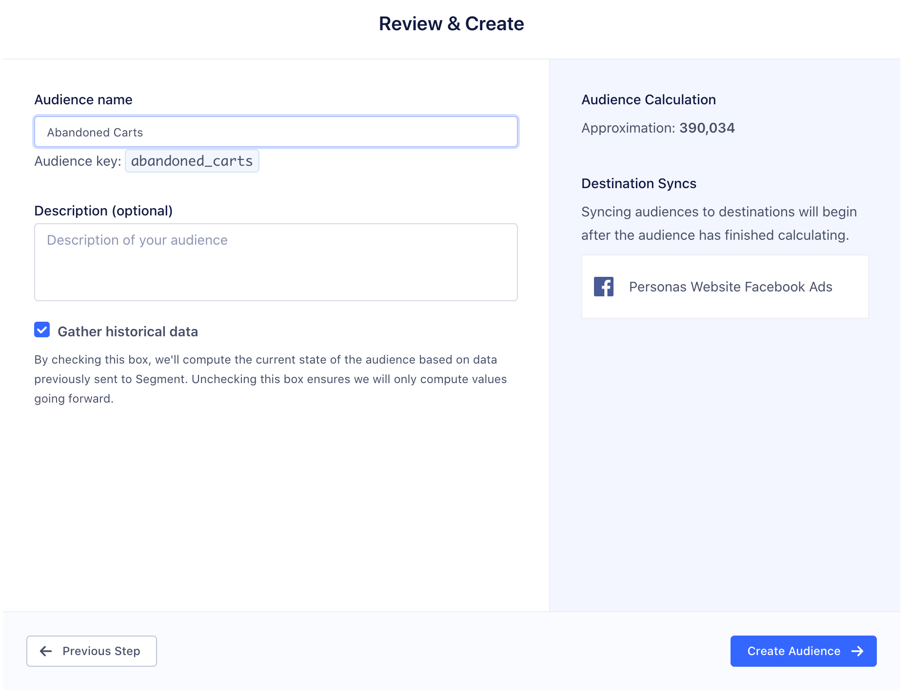 A screenshot of the Audience review step in the Personas Audience Builder