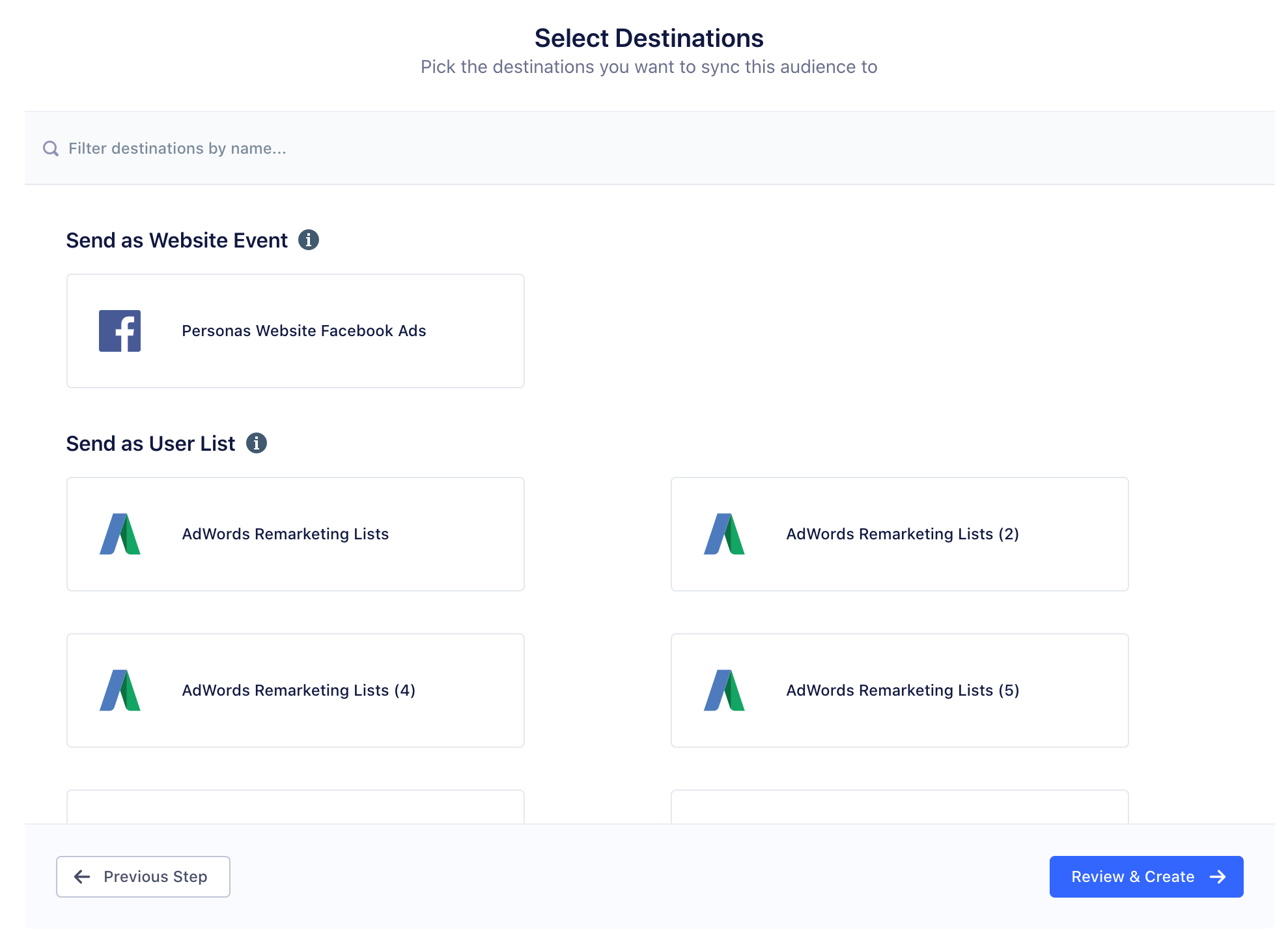 A screenshot showing the Select Destinations step of an Audience sync