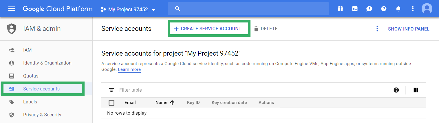 Click Create Service Account on the Service accounts screen