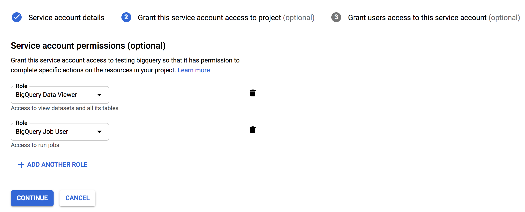Add the BigQuery Data Viewer and BigQuery Job User roles