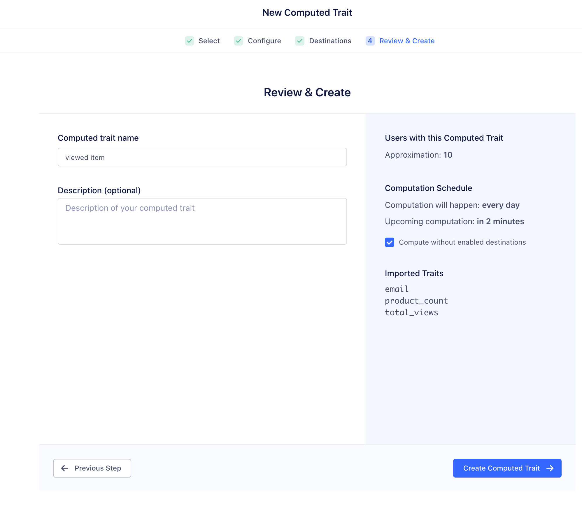 The Review and Create screen for a new computed trait