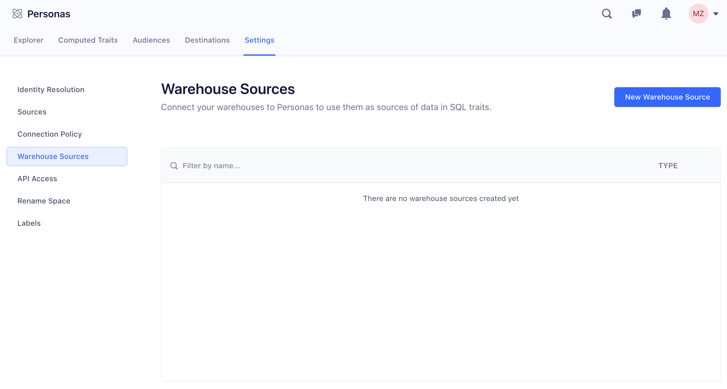 Click New Warehouse Source button on the Warehouse Sources screen