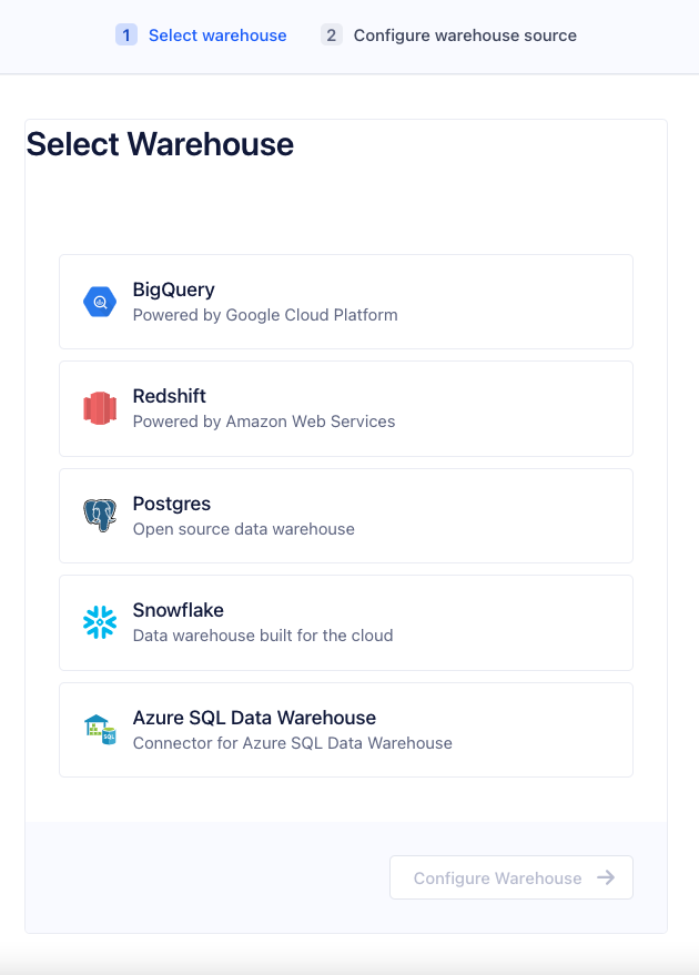 Select a warehouse to connect