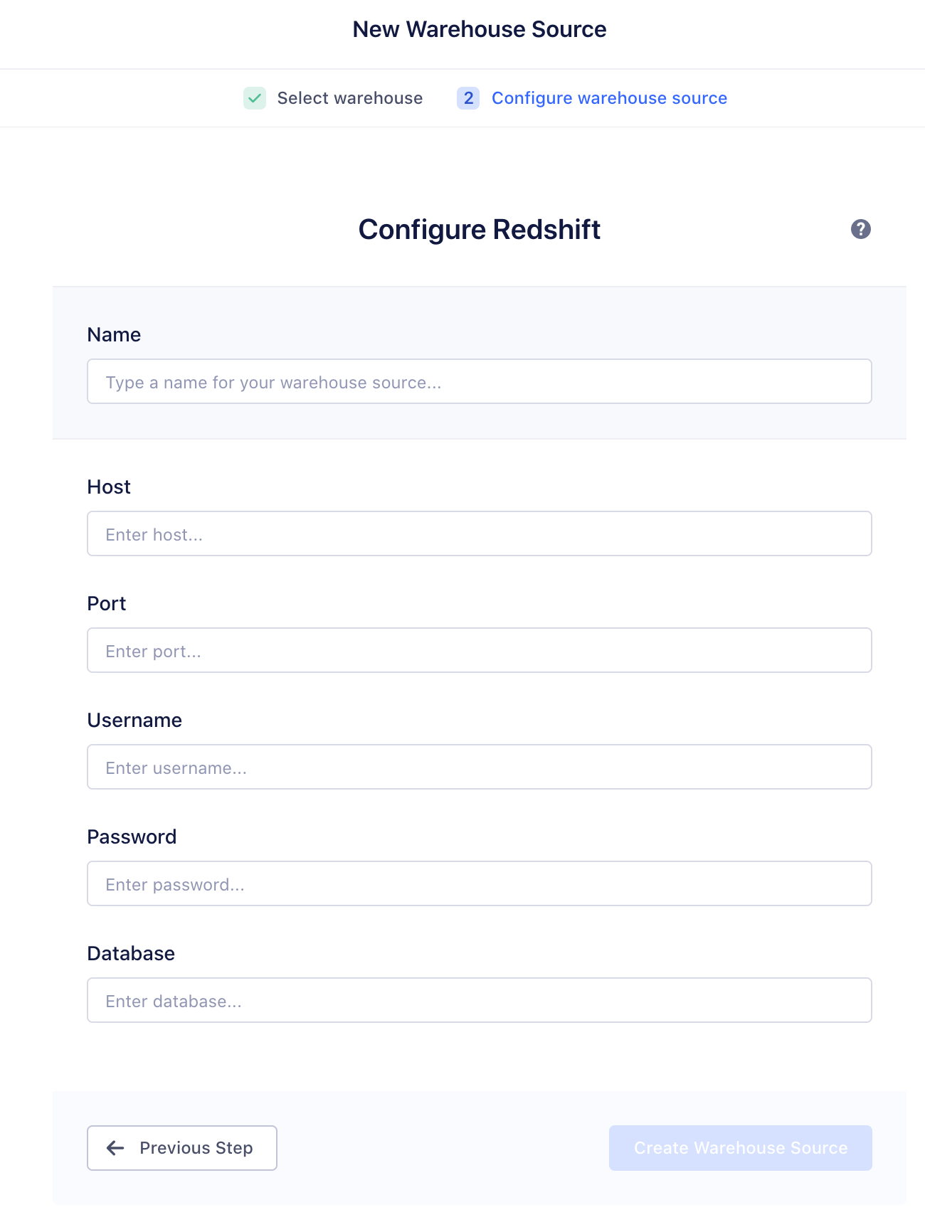 The Configure warehouse source screen